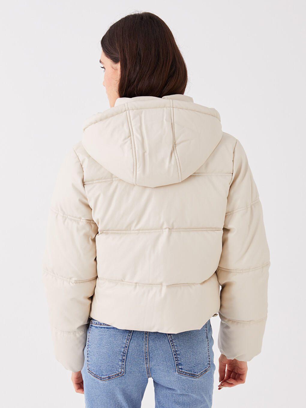Women's Leather Look Down Jacket With Hooded Straight Long Sleeve-5