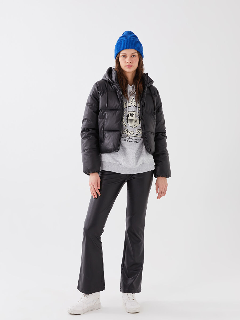 Women's Leather Look Down Jacket With Hooded Straight Long Sleeve-1