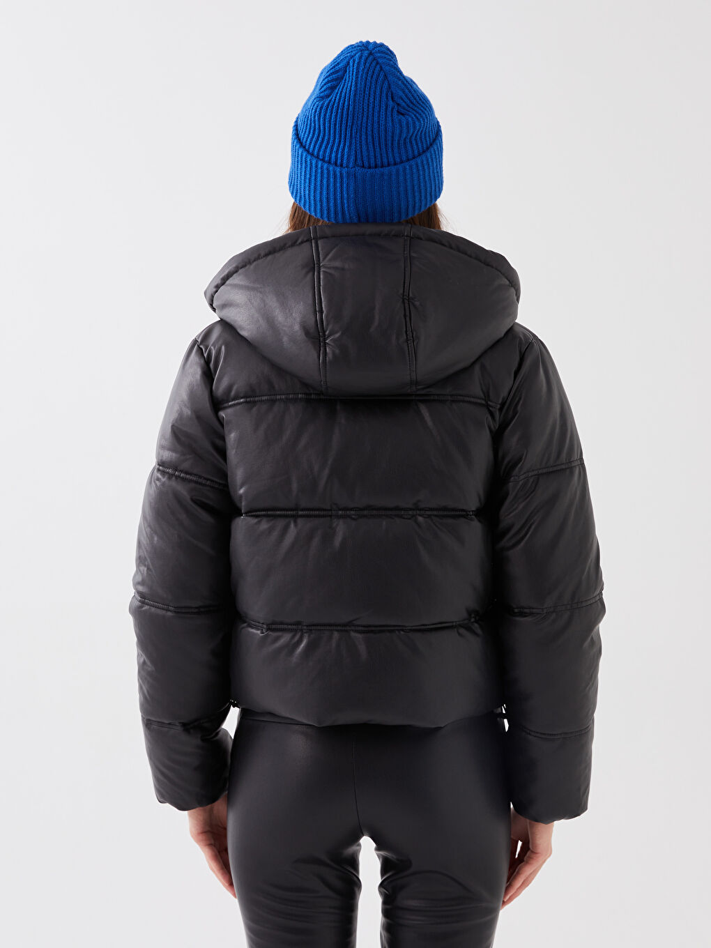 Women's Leather Look Down Jacket With Hooded Straight Long Sleeve-4