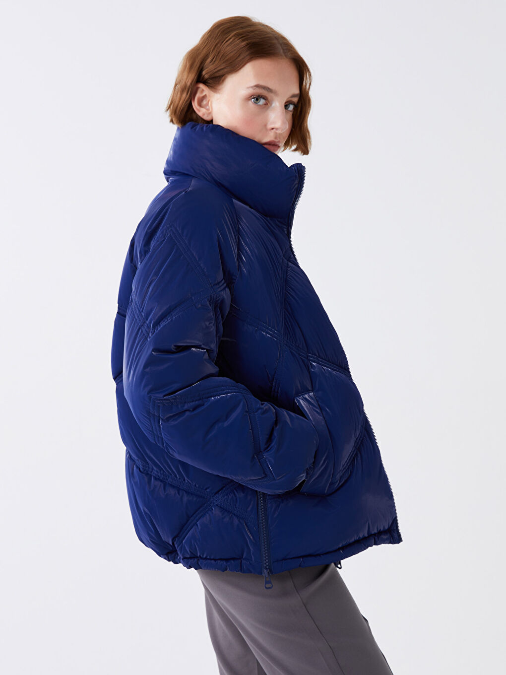 Stand Up Collar Straight Long Sleeve Oversize Women's Down Coat-2