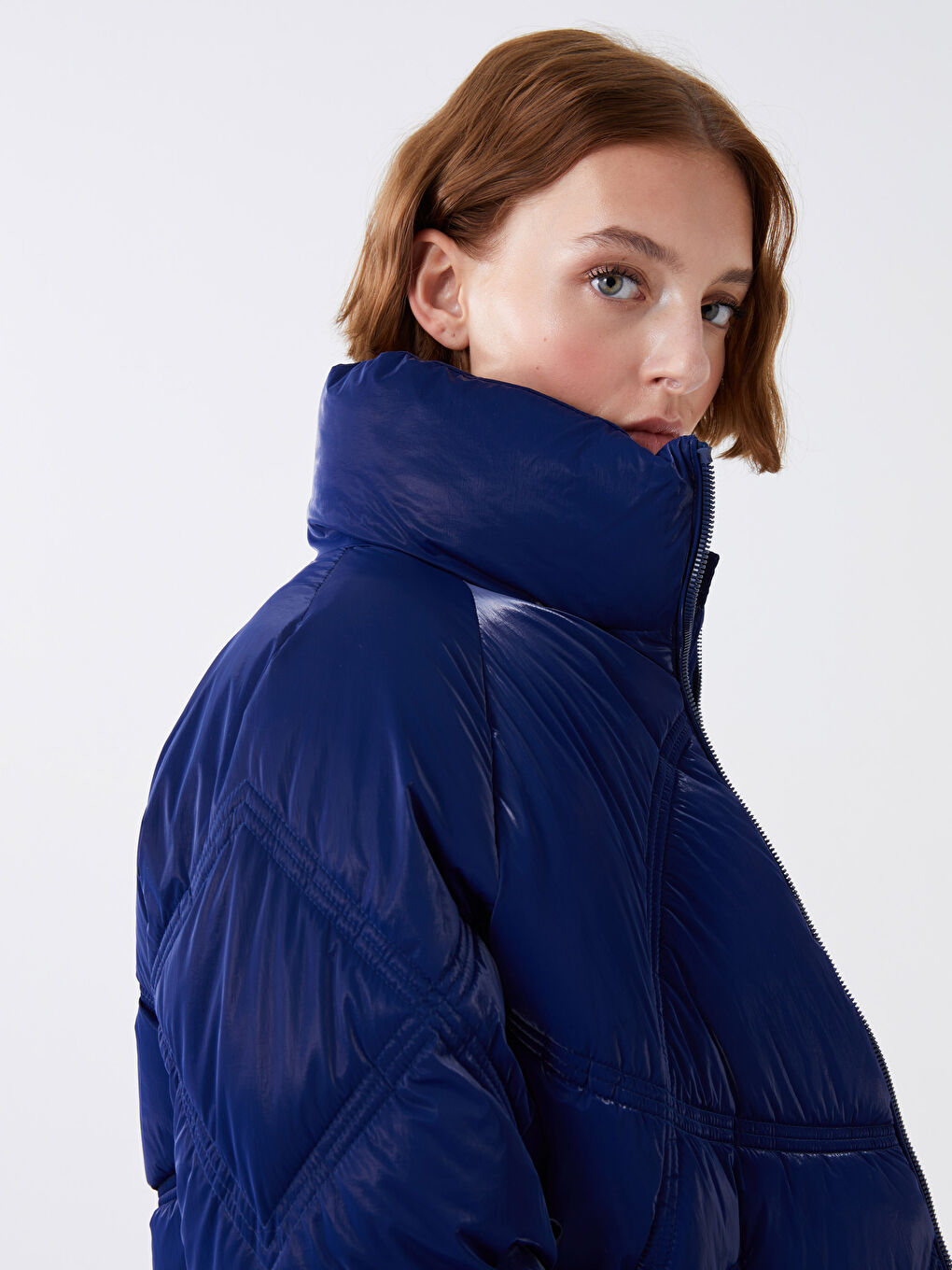Stand Up Collar Straight Long Sleeve Oversize Women's Down Coat-3