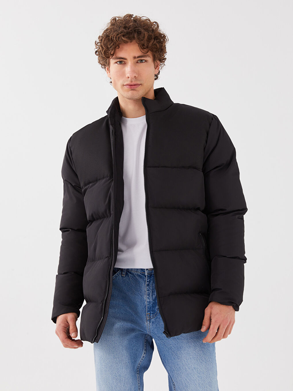 Siyah Standart Kalıp Dik Yaka Erkek Şişme Mont