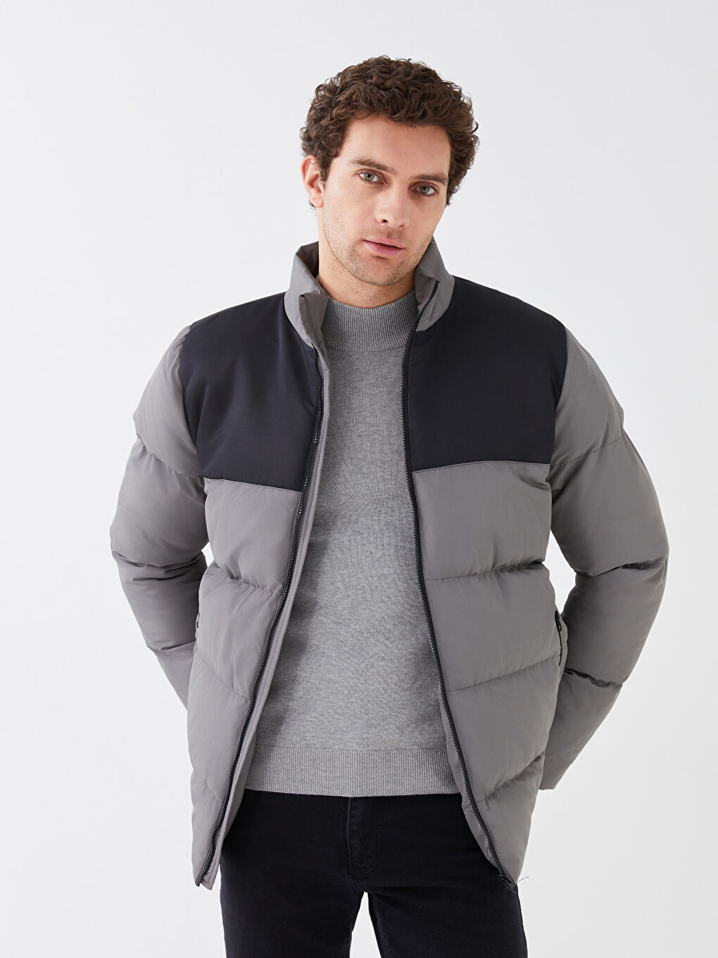 Antrasit Standart Kalıp Dik Yaka Erkek Şişme Mont