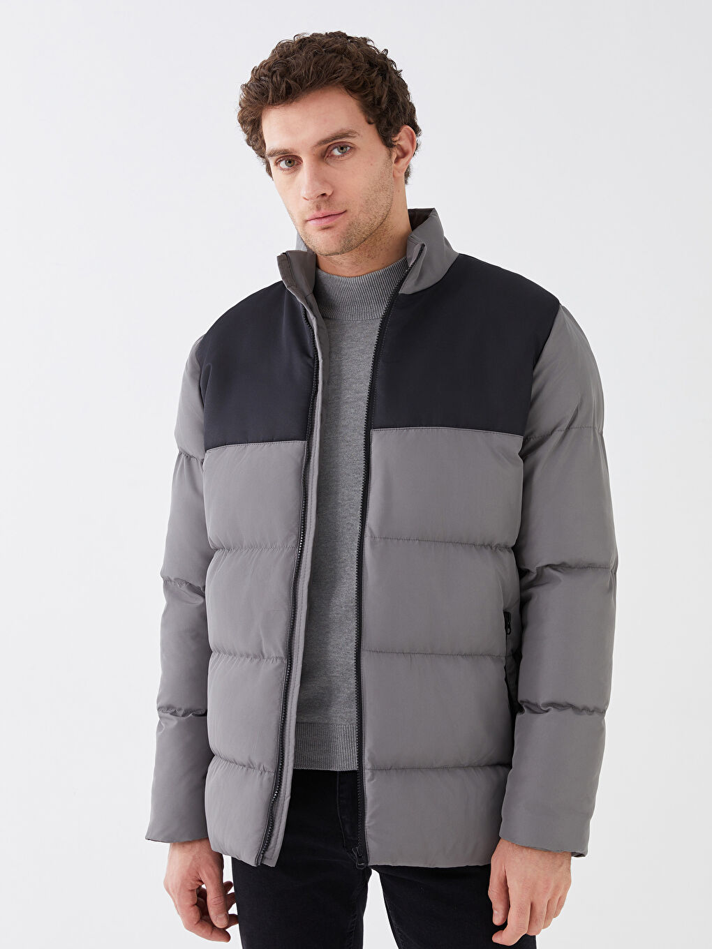 Antrasit Standart Kalıp Dik Yaka Erkek Şişme Mont-1