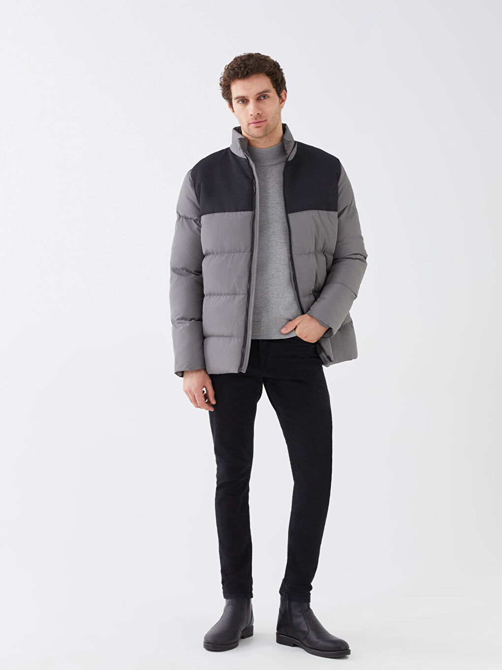 Antrasit Standart Kalıp Dik Yaka Erkek Şişme Mont-2