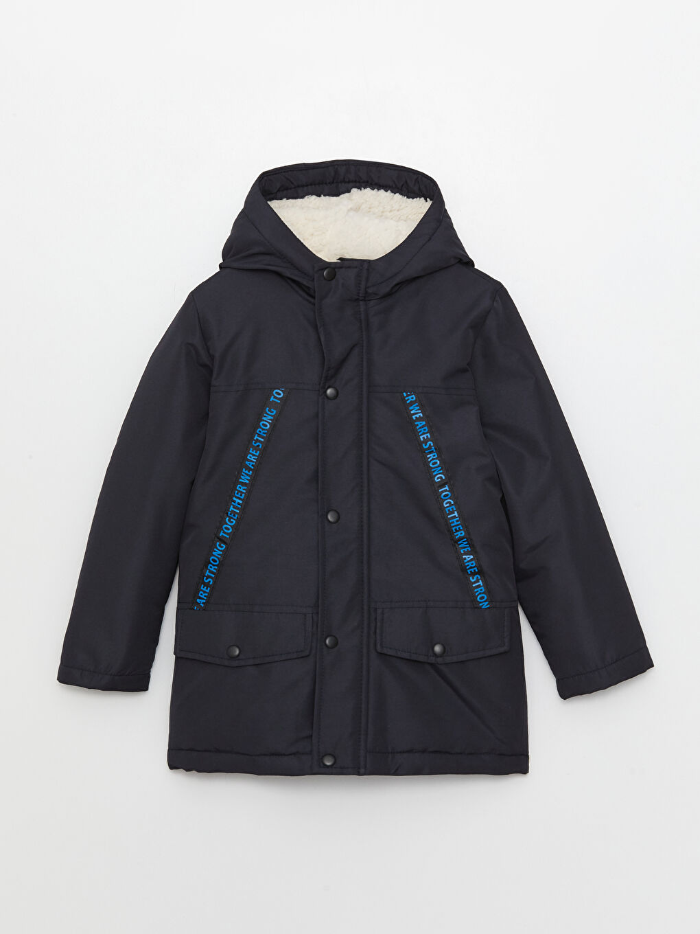 Lacivert Kapüşonlu Baskılı Erkek Çocuk Mont