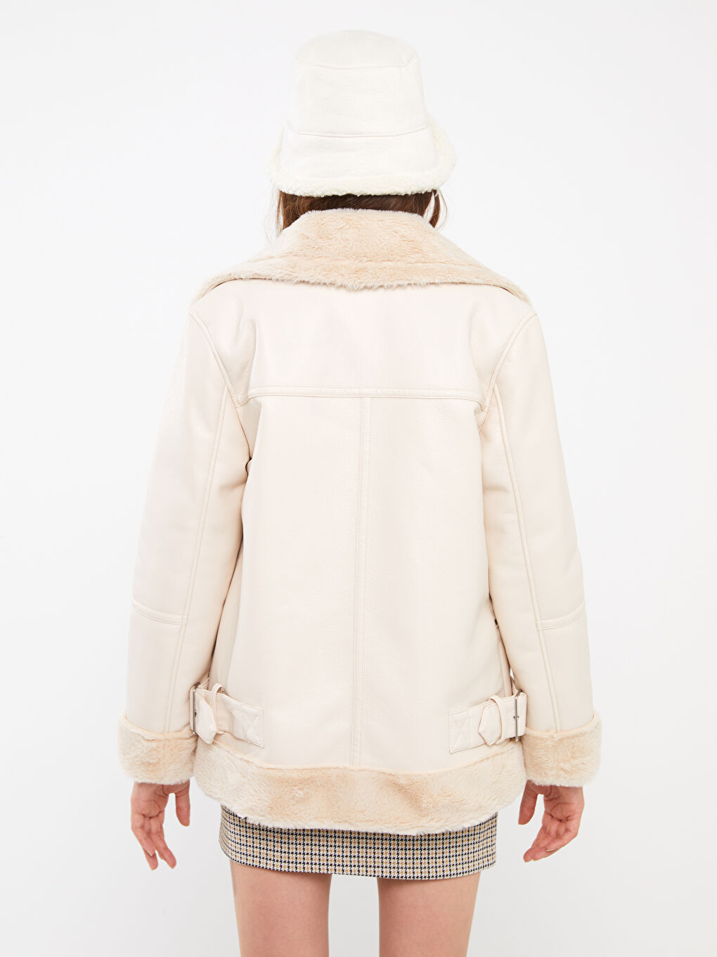 Women's Biker Neck Plain Faux Leather Jacket-7