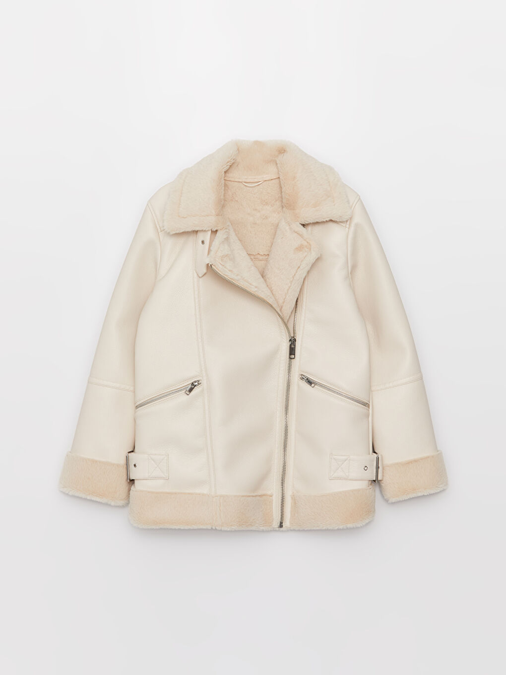 Women's Biker Neck Plain Faux Leather Jacket-9