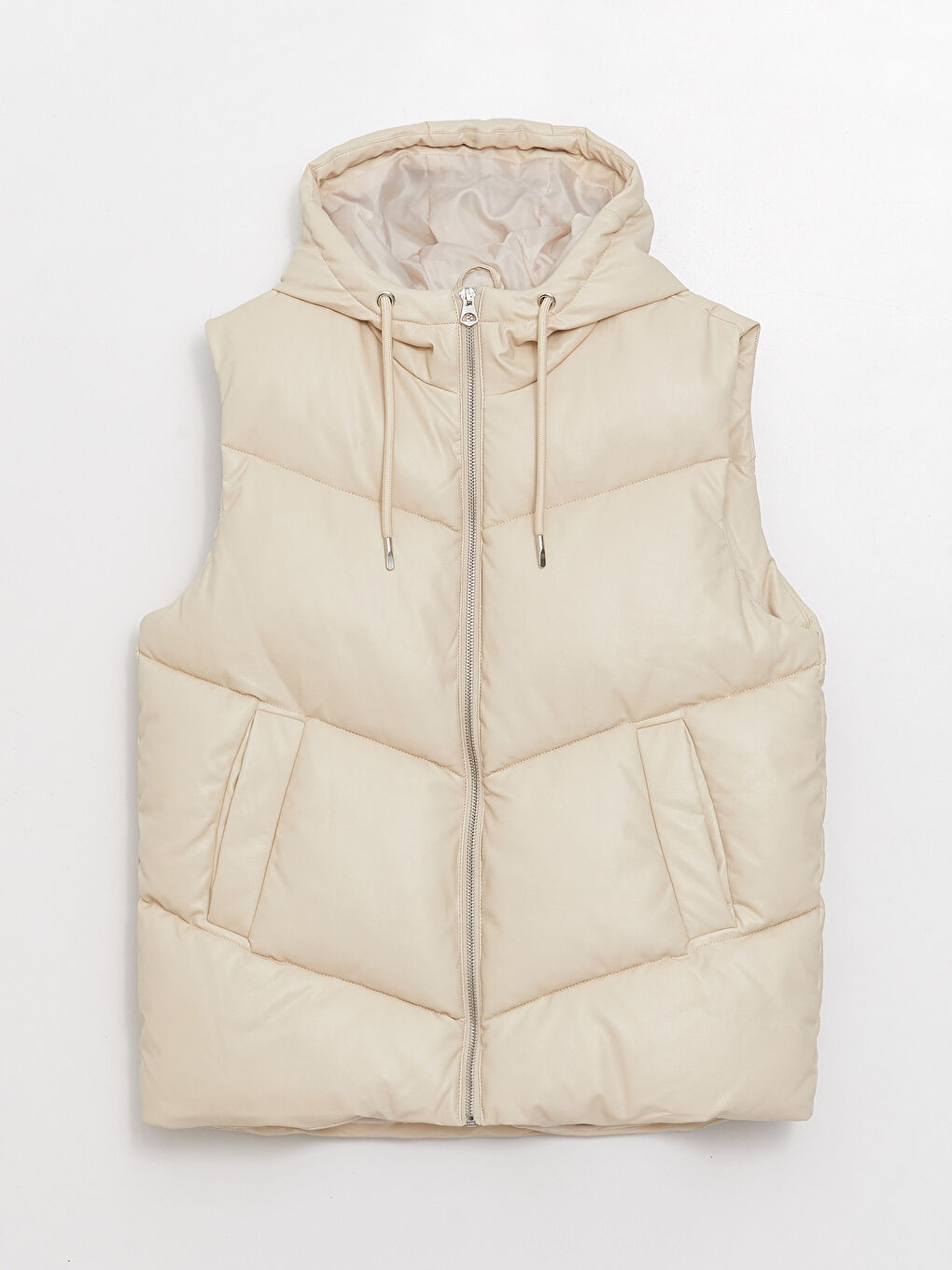 Bej Kapüşonlu Düz Deri Görünümlü Kadın Şişme Yelek-6