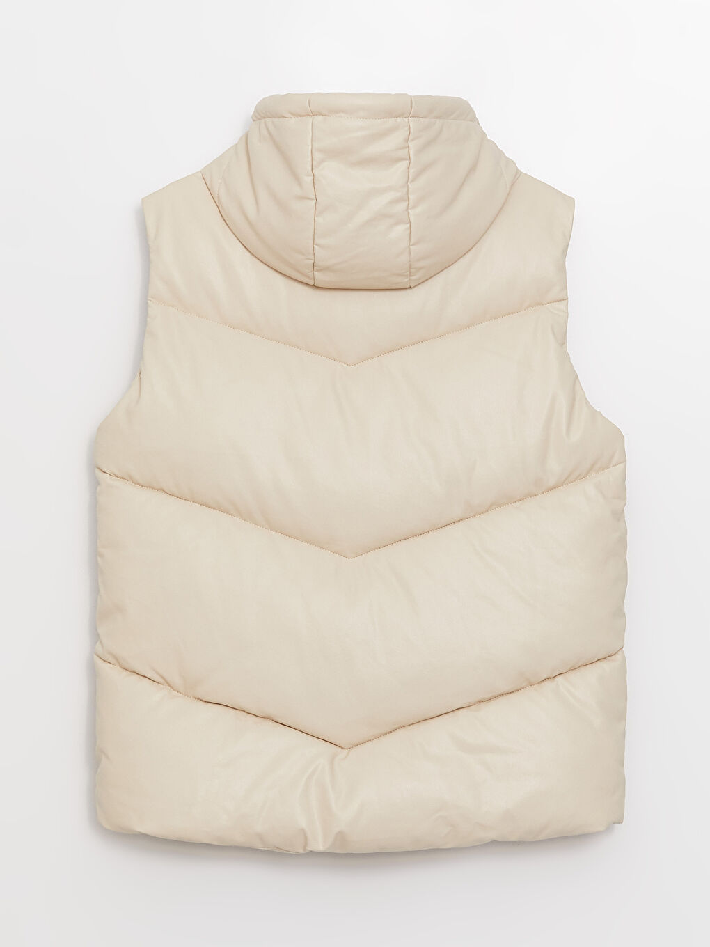 Bej Kapüşonlu Düz Deri Görünümlü Kadın Şişme Yelek-7