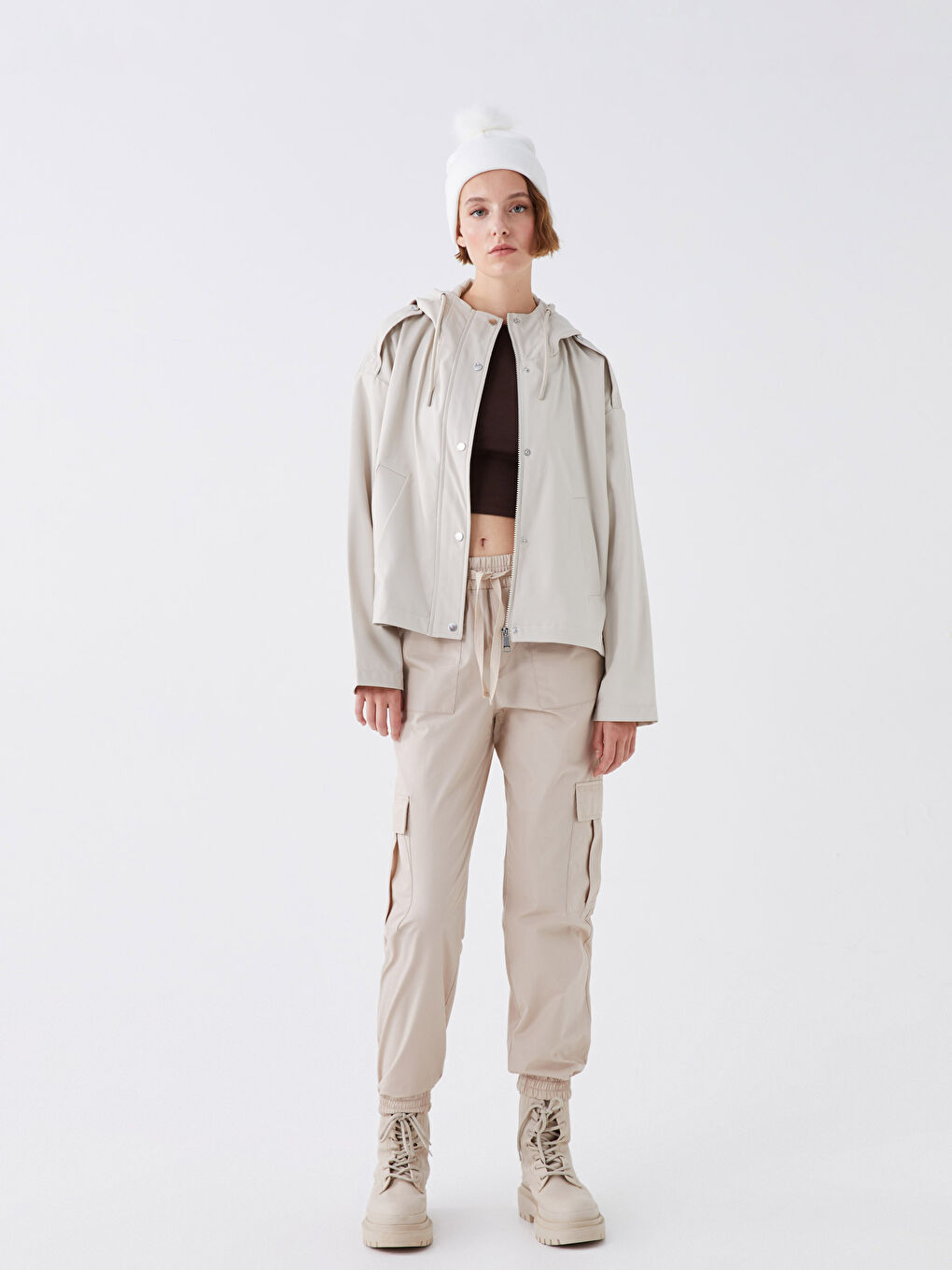 Bej Kapüşonlu Düz Oversize Kadın Yağmurluk-1