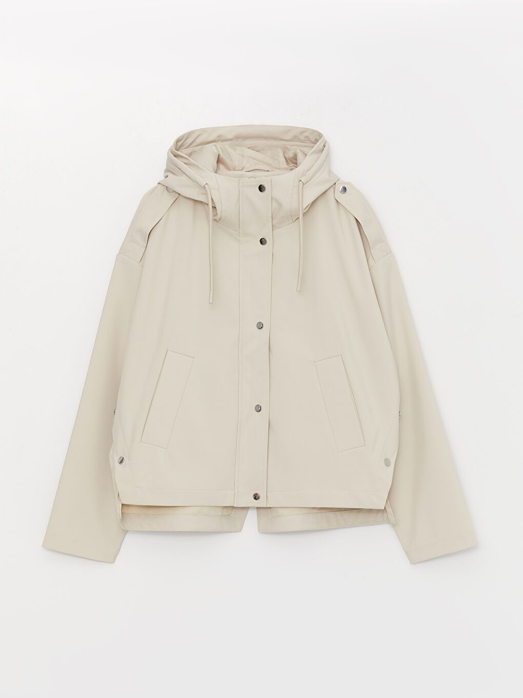 Bej Kapüşonlu Düz Oversize Kadın Yağmurluk-8