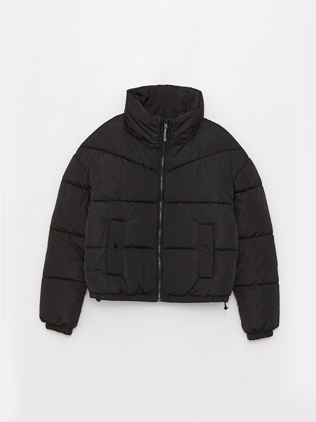 Siyah Dik Yaka Düz Uzun Kollu Kadın Şişme Mont-6