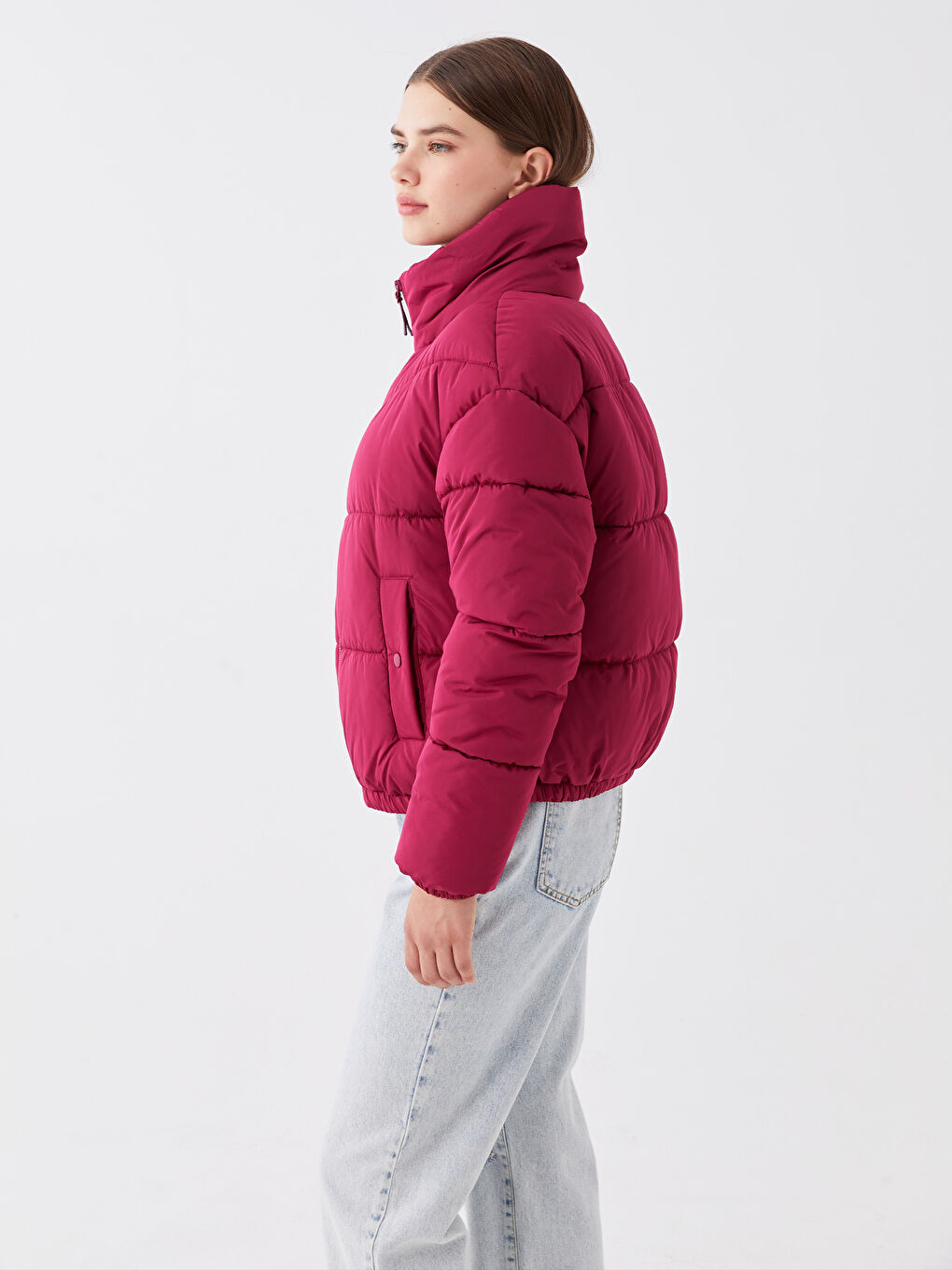 Bordo Dik Yaka Düz Uzun Kollu Kadın Şişme Mont