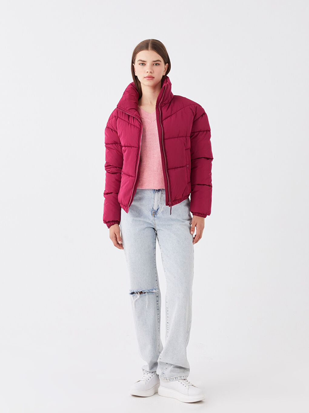 Bordo Dik Yaka Düz Uzun Kollu Kadın Şişme Mont-2