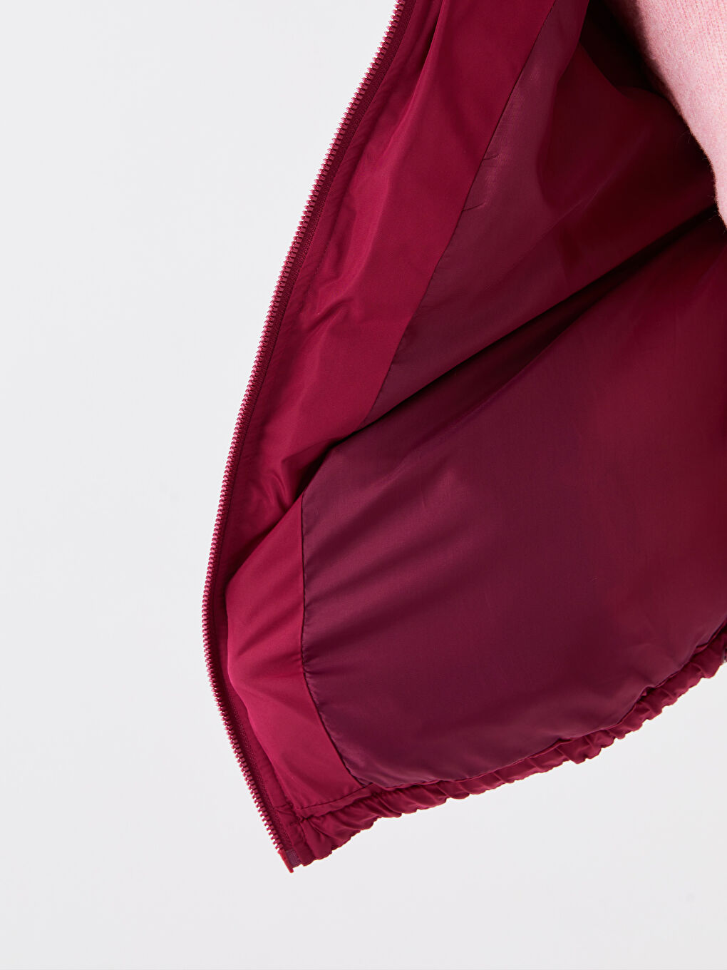 Bordo Dik Yaka Düz Uzun Kollu Kadın Şişme Mont-3