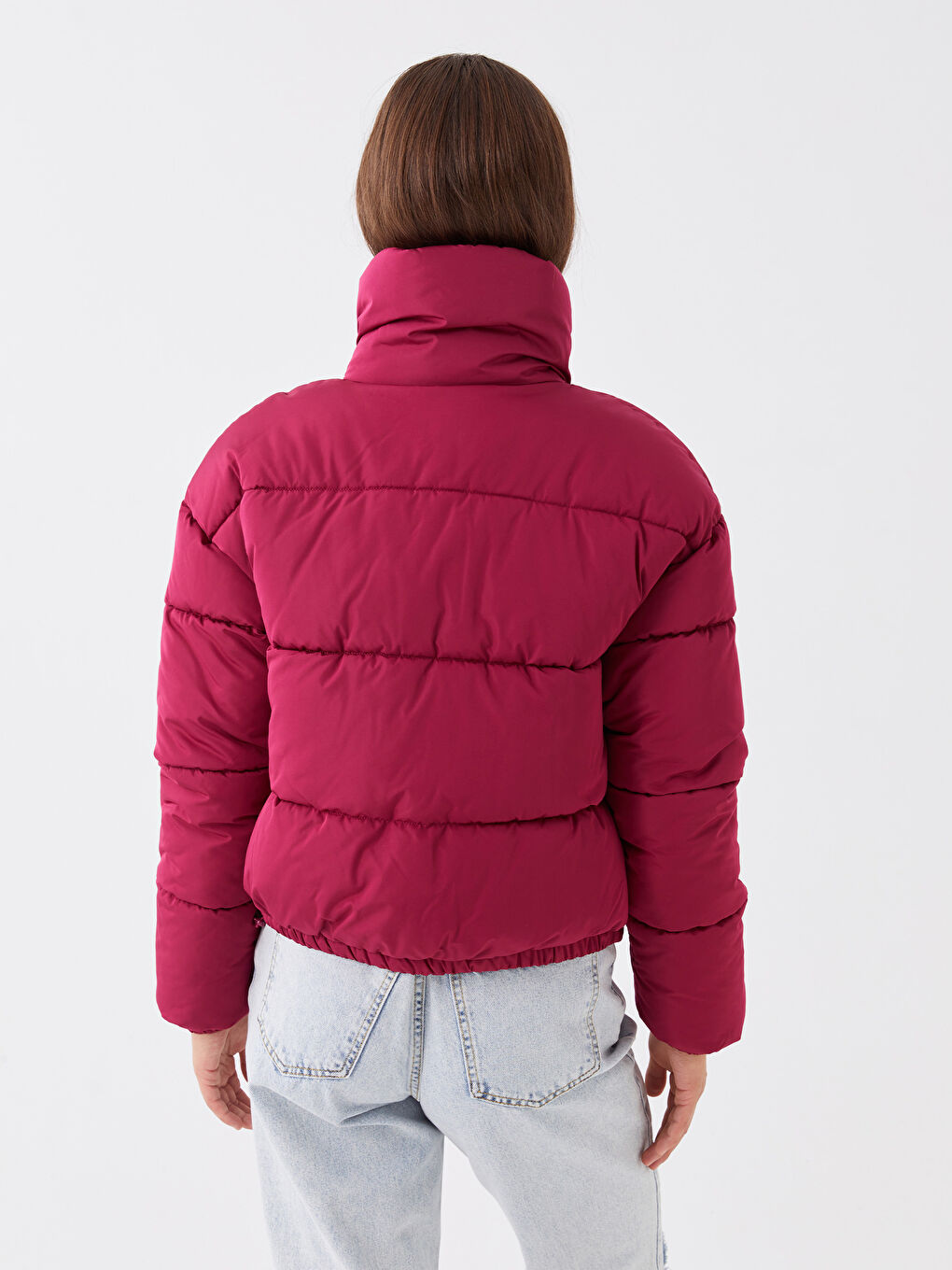 Bordo Dik Yaka Düz Uzun Kollu Kadın Şişme Mont-5