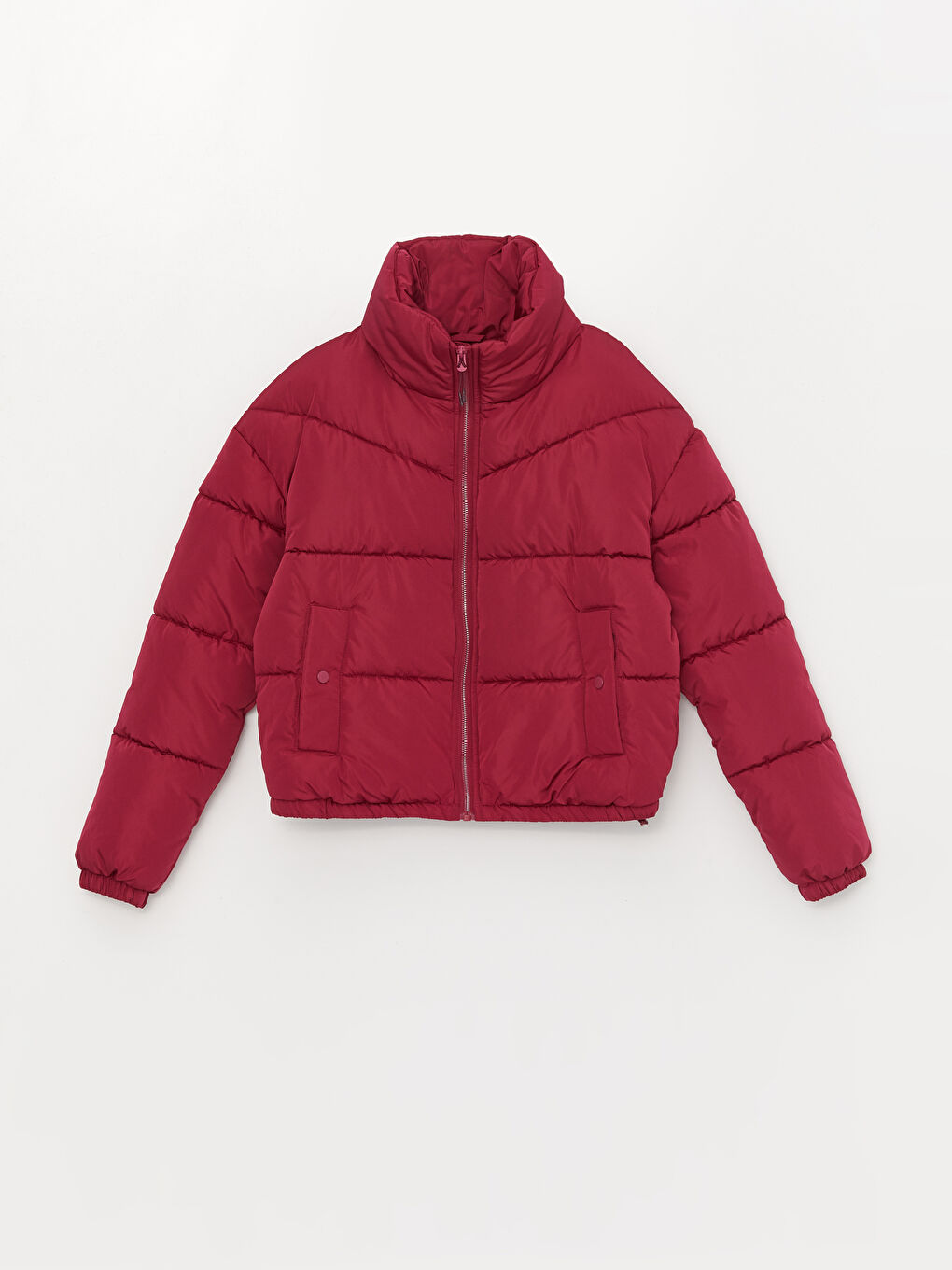 Bordo Dik Yaka Düz Uzun Kollu Kadın Şişme Mont-6