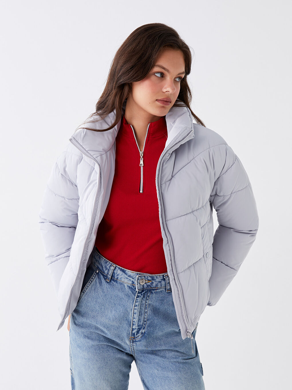 Gri Dik Yaka Düz Uzun Kollu Kadın Şişme Mont-1