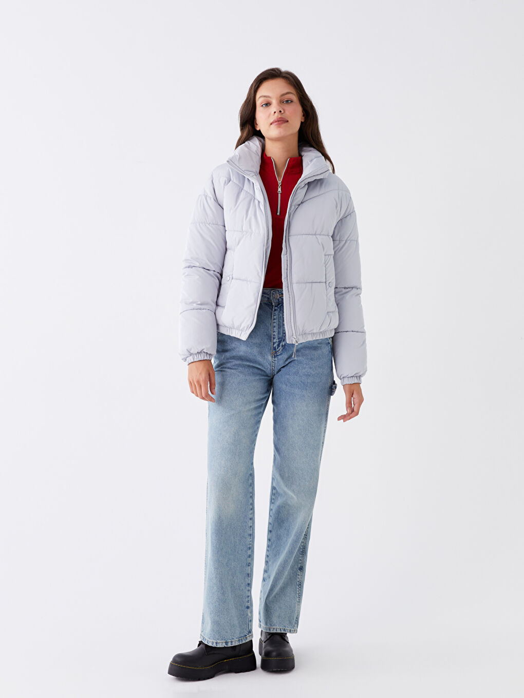 Gri Dik Yaka Düz Uzun Kollu Kadın Şişme Mont-2