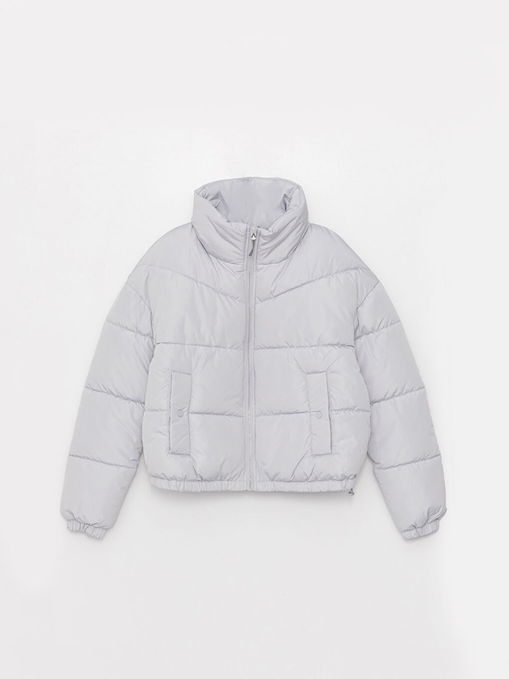 Gri Dik Yaka Düz Uzun Kollu Kadın Şişme Mont-6