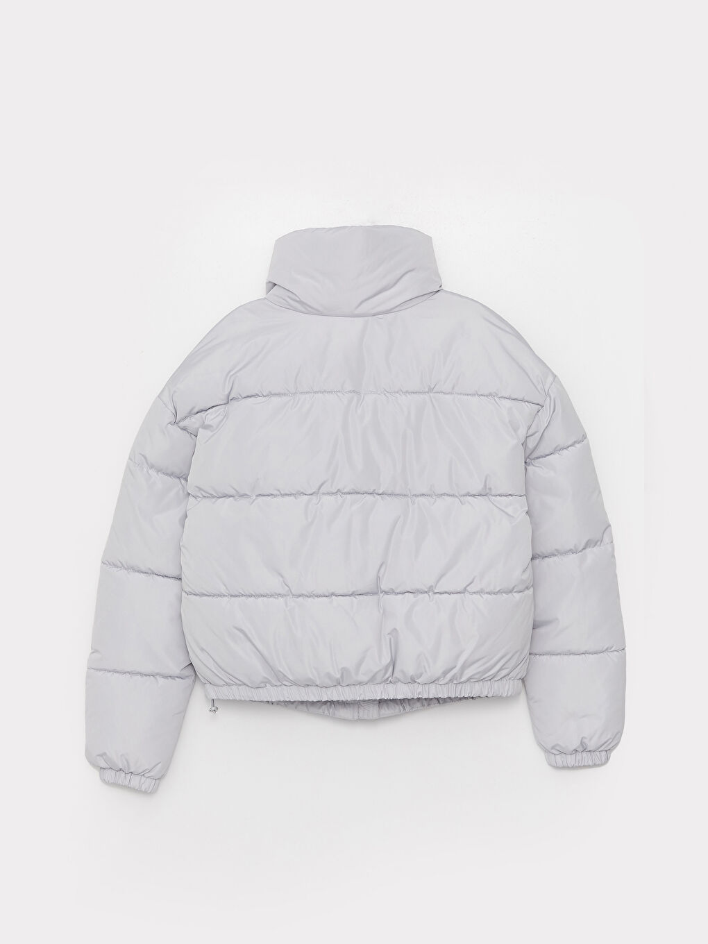 Gri Dik Yaka Düz Uzun Kollu Kadın Şişme Mont-7