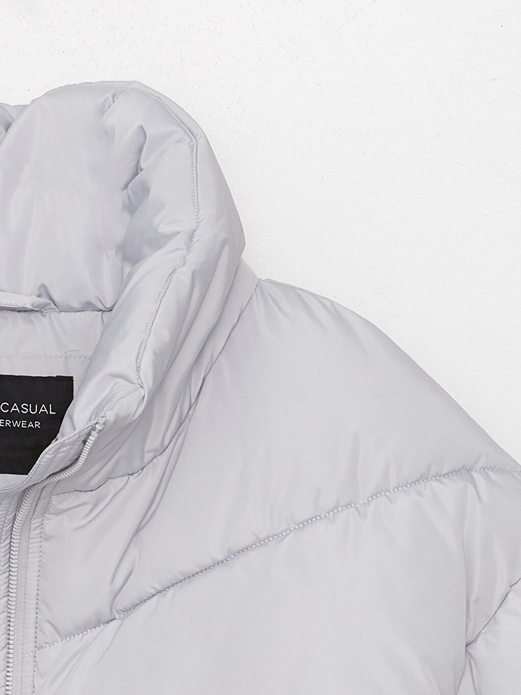 Gri Dik Yaka Düz Uzun Kollu Kadın Şişme Mont-8