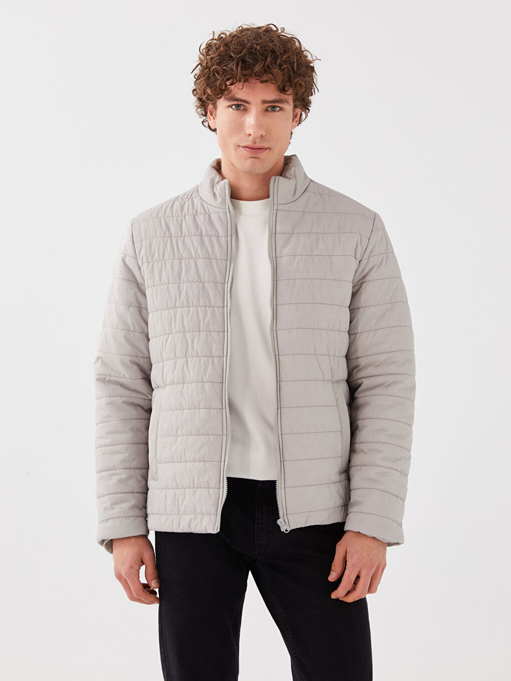 Gri Slim Fit Dik Yaka Erkek Şişme Mont