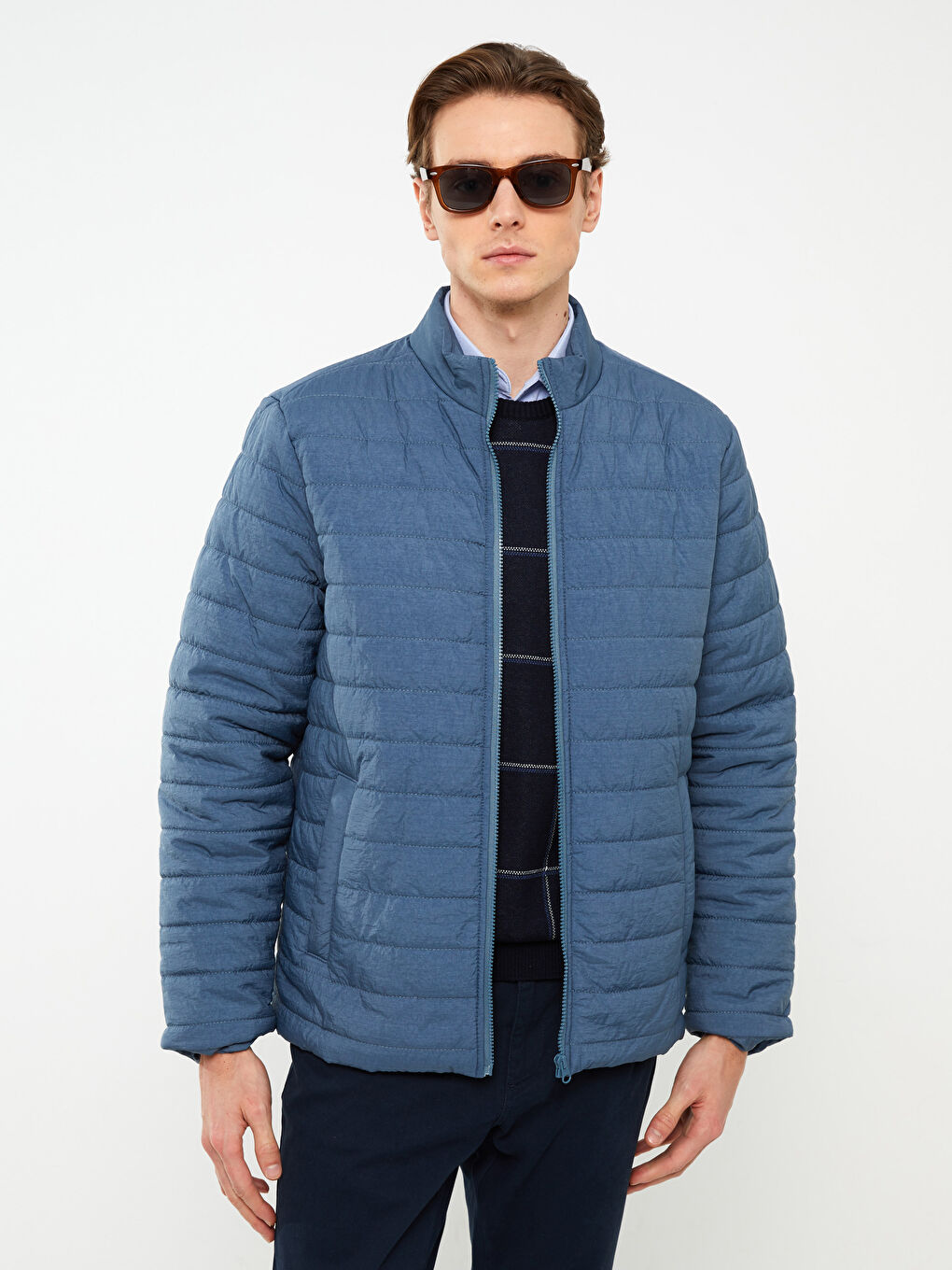 Petrol Slim Fit Dik Yaka Erkek Şişme Mont