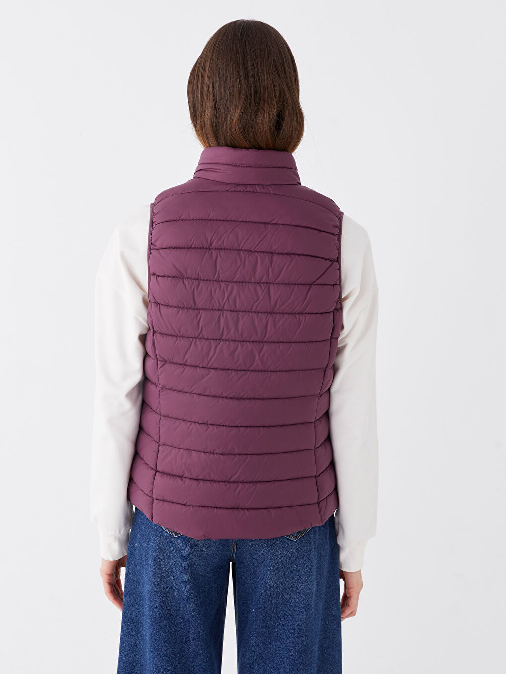 Women's Funnel Neck Plain Puffer Gilet-5