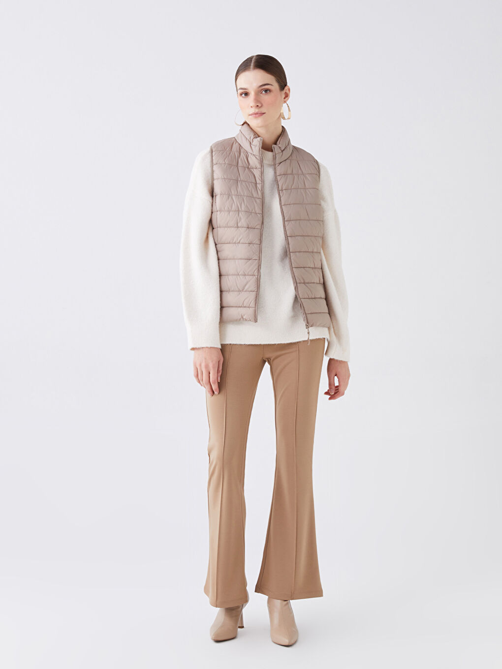 Kahverengi Kadın Dik Yaka Düz Şişme Yelek-3