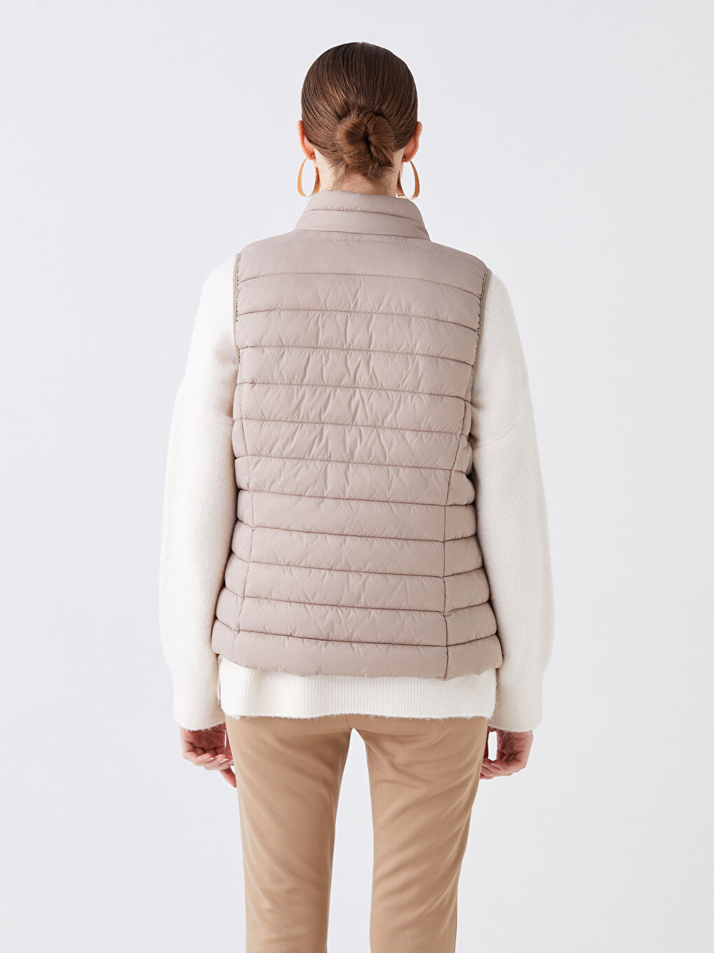 Kahverengi Kadın Dik Yaka Düz Şişme Yelek-5