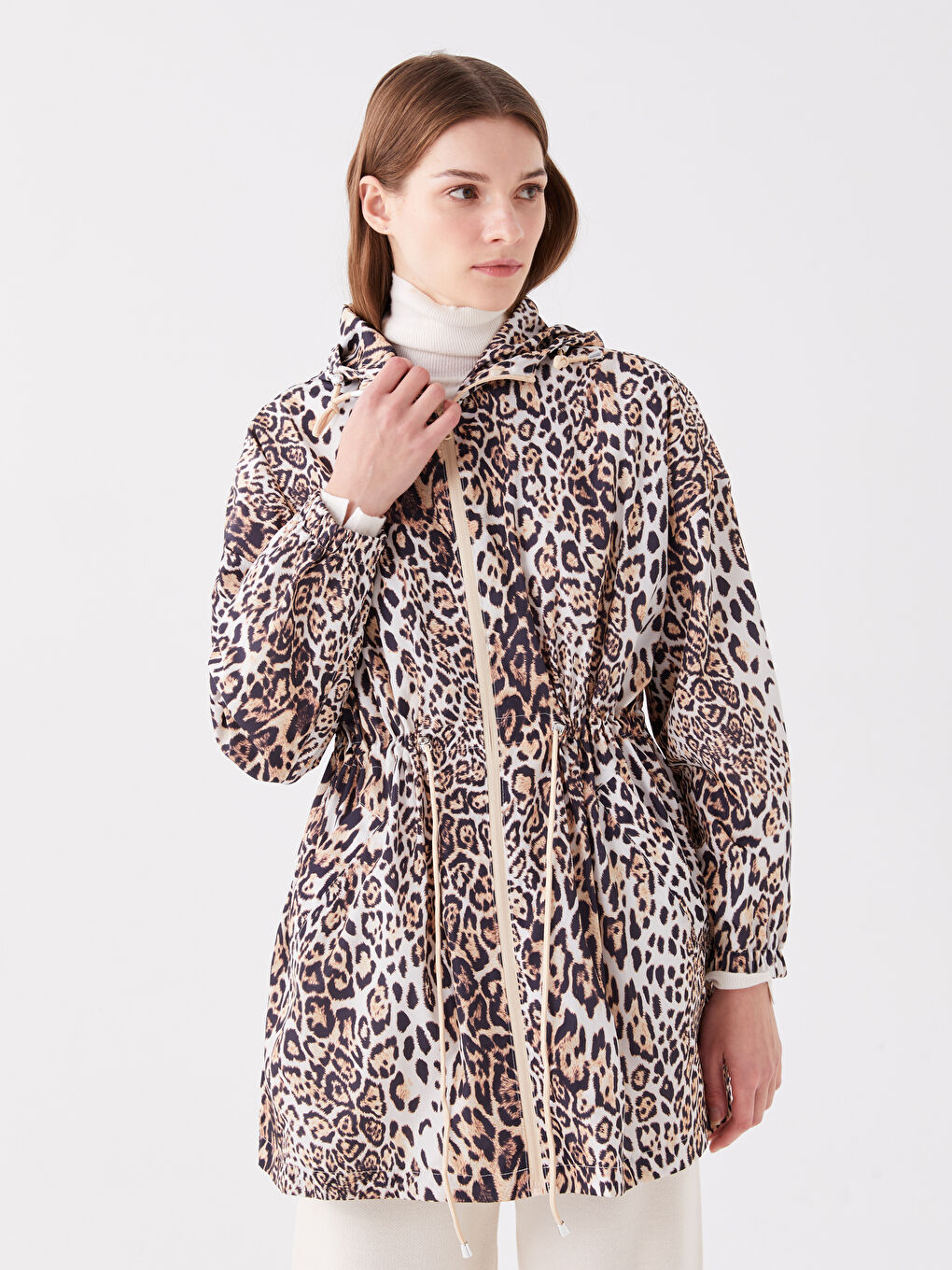 معطف المطار نساء أوفرسايز مطبوع بقلنسوة-1