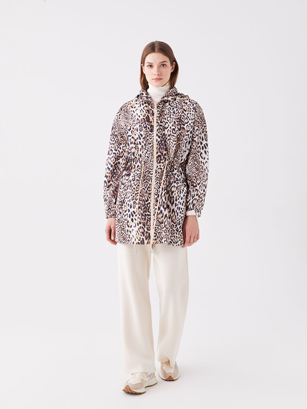 معطف المطار نساء أوفرسايز مطبوع بقلنسوة-2