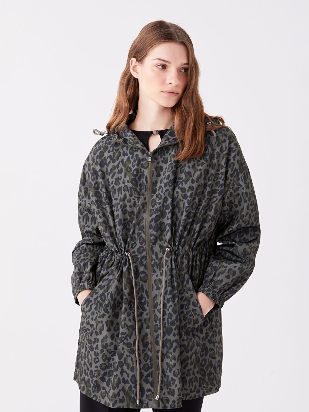 Дождевик с капюшоном, с принтом, оверсайз, для женщин-1
