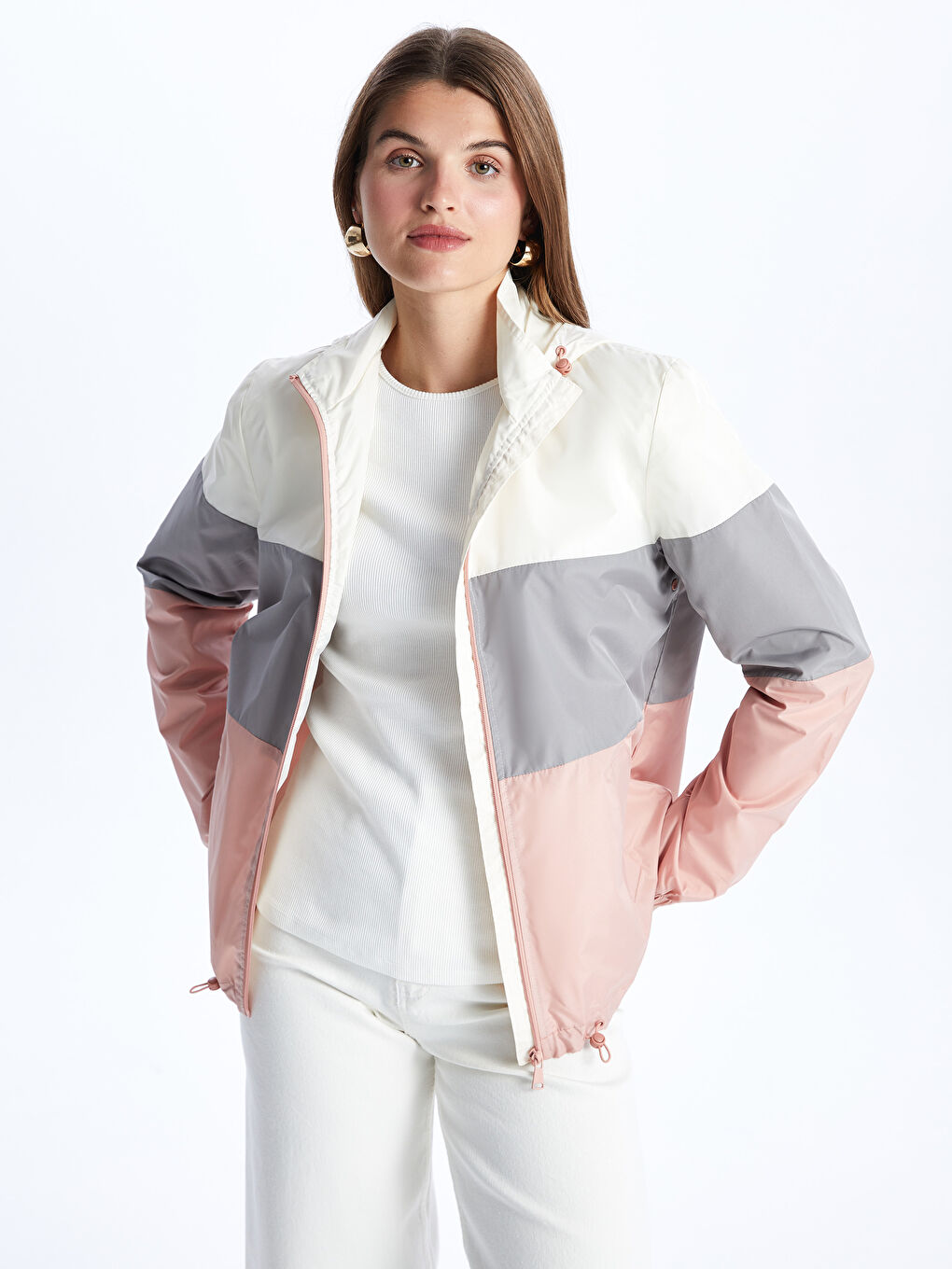 Kišni mantil sa kapuljačom u blok bojama za žene-1