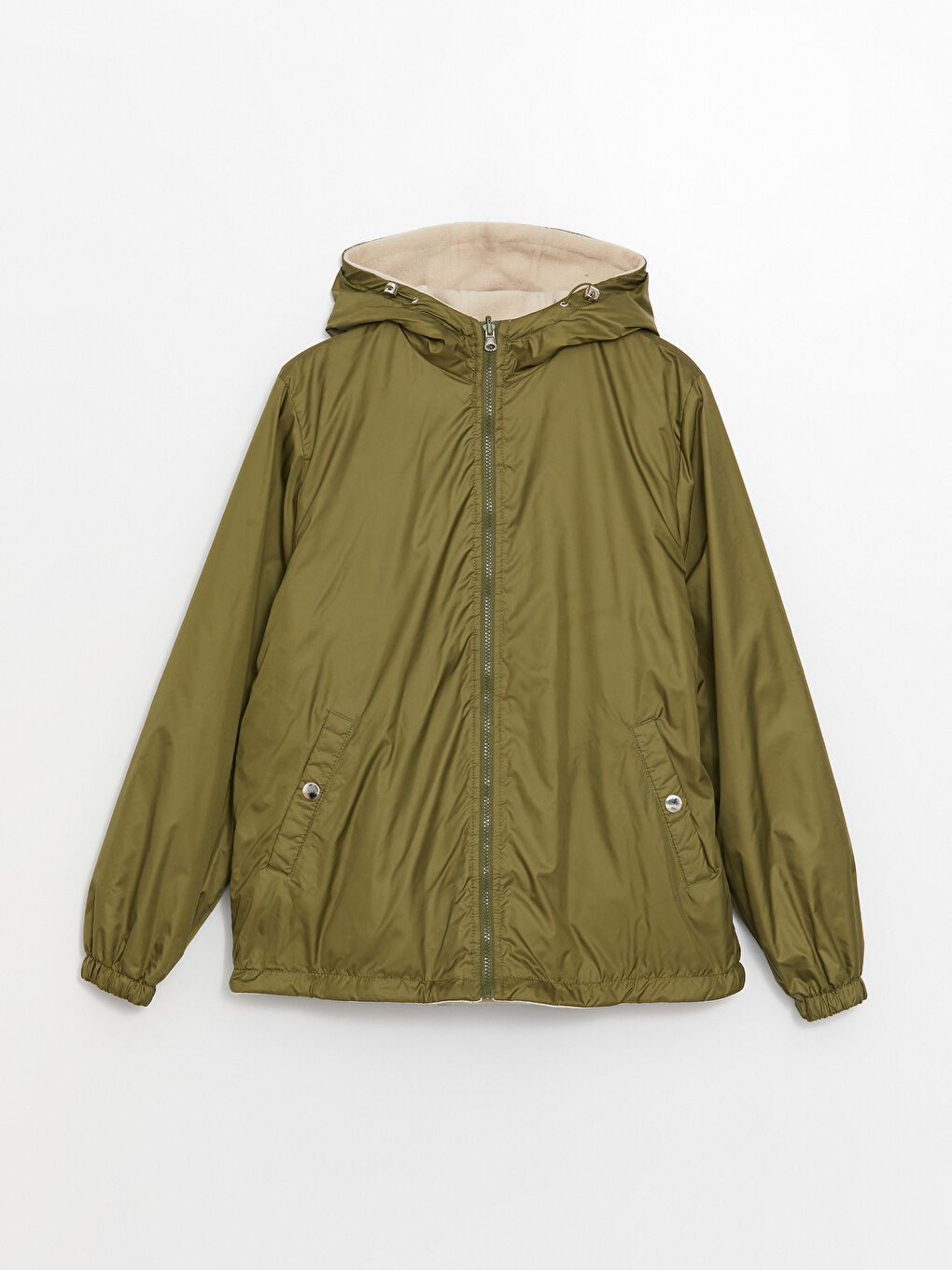 Haki Kadın Kapüşonlu Düz Yağmurluk-6