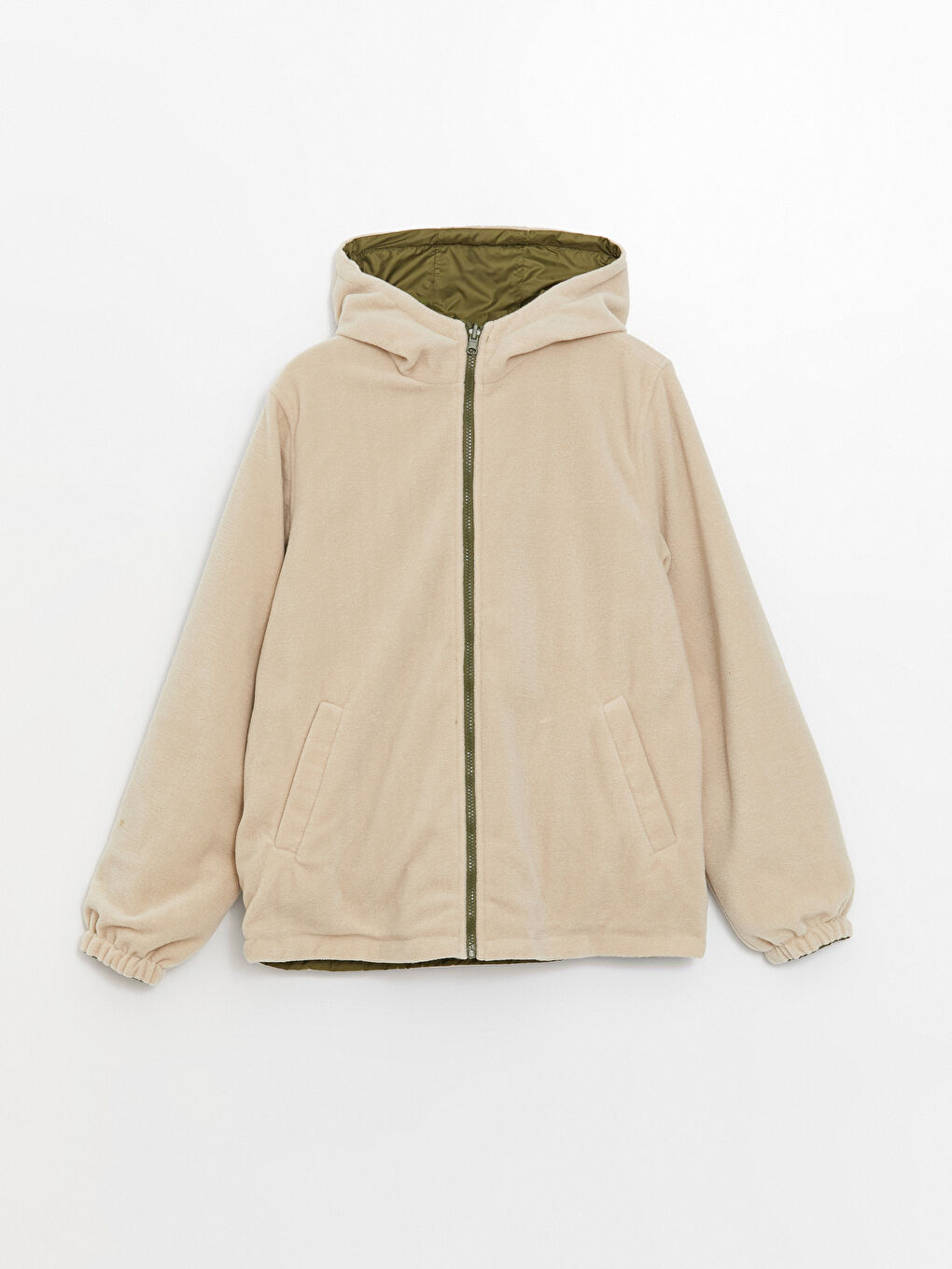 Haki Kadın Kapüşonlu Düz Yağmurluk-7