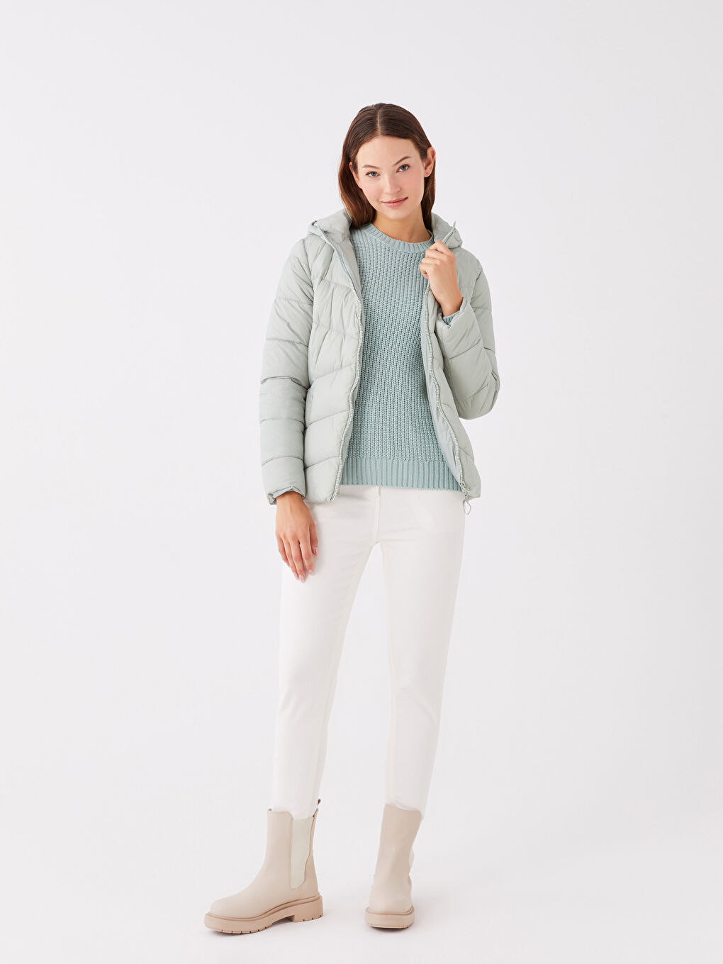 Women's Hooded Plain Puffer Coat-2