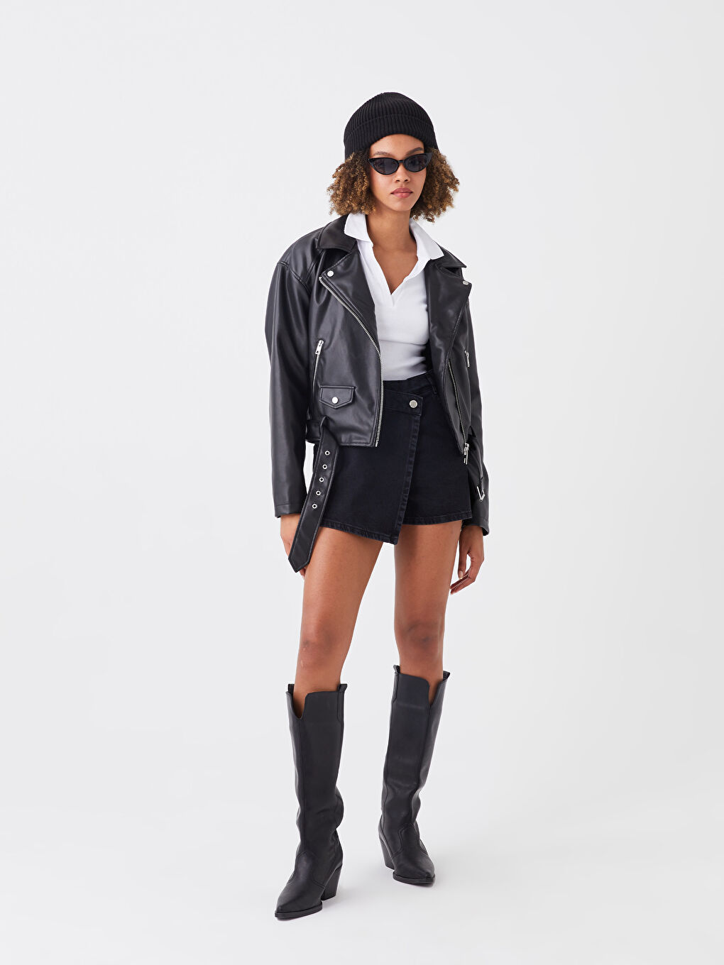 LCW Vision Kadın Biker Yaka Düz Deri Görünümlü Mont -W30808Z8-CVL