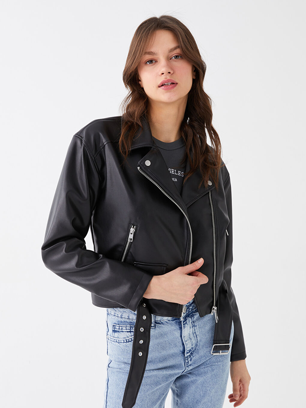 Siyah Kadın Biker Yaka Düz Deri Görünümlü Mont-1