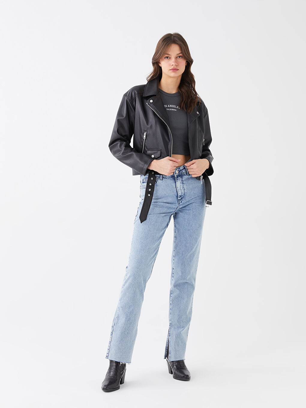 Siyah Kadın Biker Yaka Düz Deri Görünümlü Mont-2