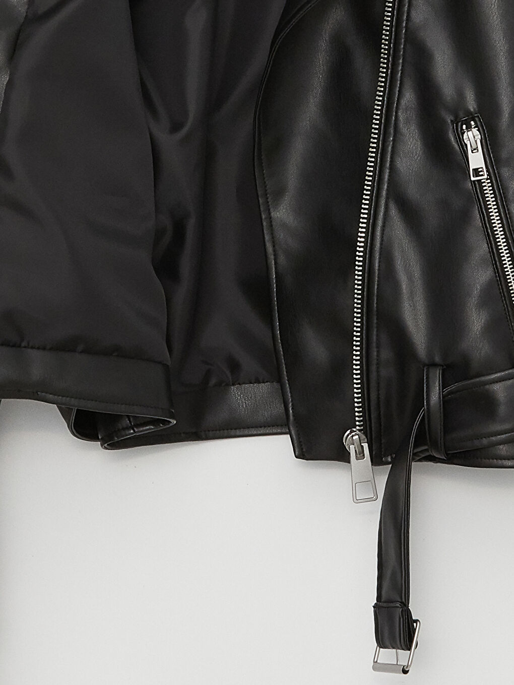 Siyah Kadın Biker Yaka Düz Deri Görünümlü Mont-7