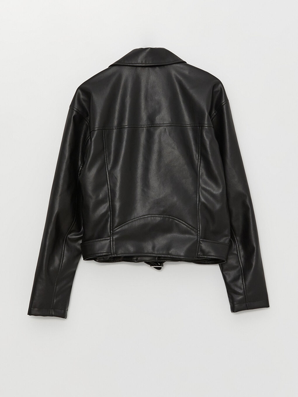 Siyah Kadın Biker Yaka Düz Deri Görünümlü Mont-8