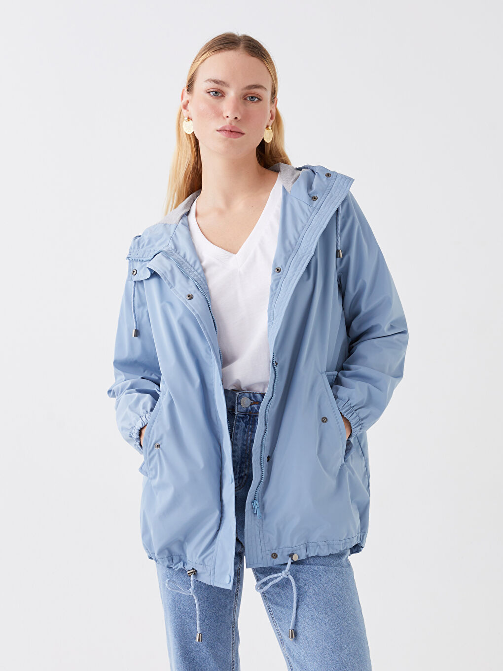Mavi Kadın Kapüşonlu Düz Yağmurluk