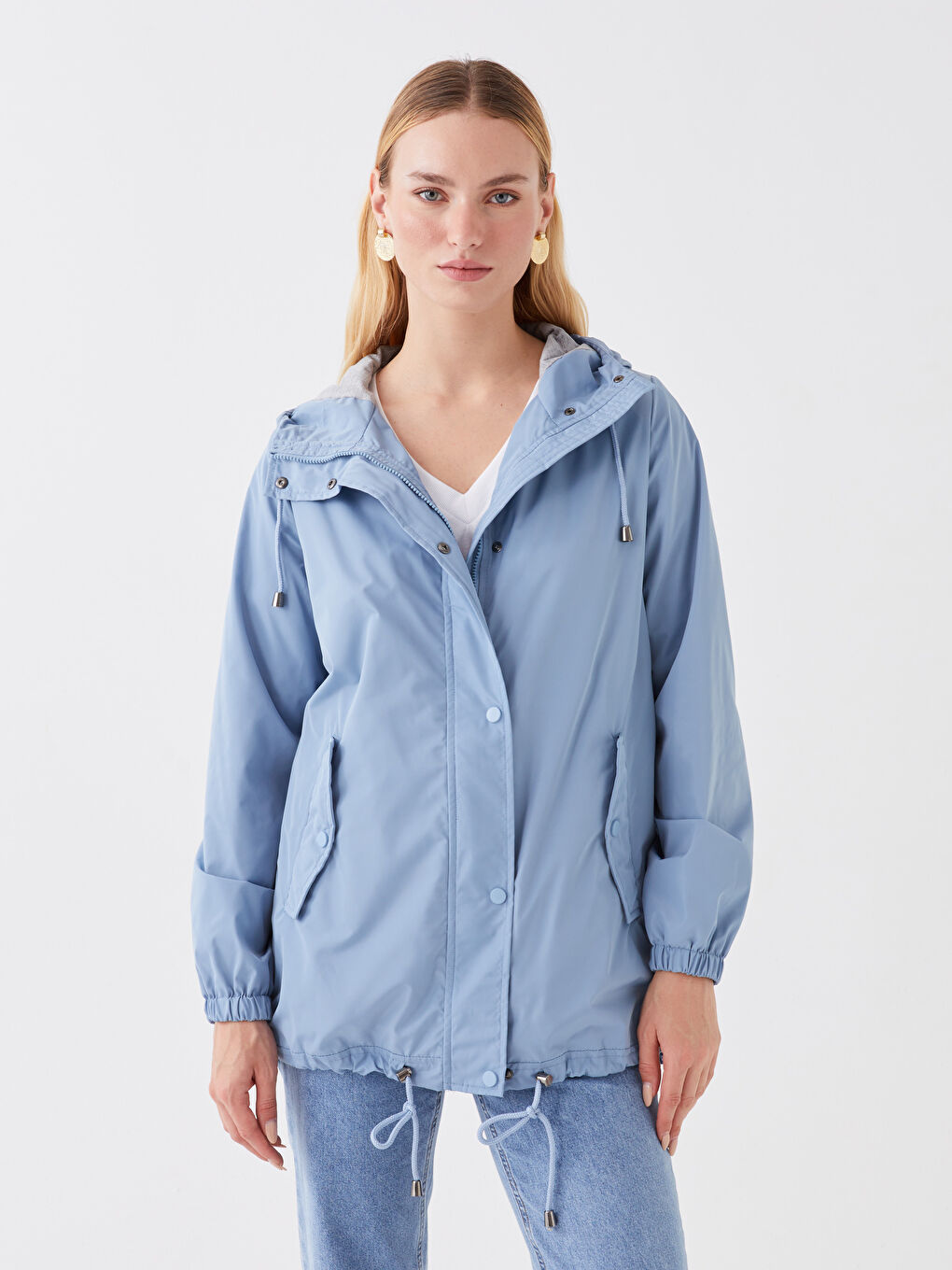 Mavi Kadın Kapüşonlu Düz Yağmurluk-1