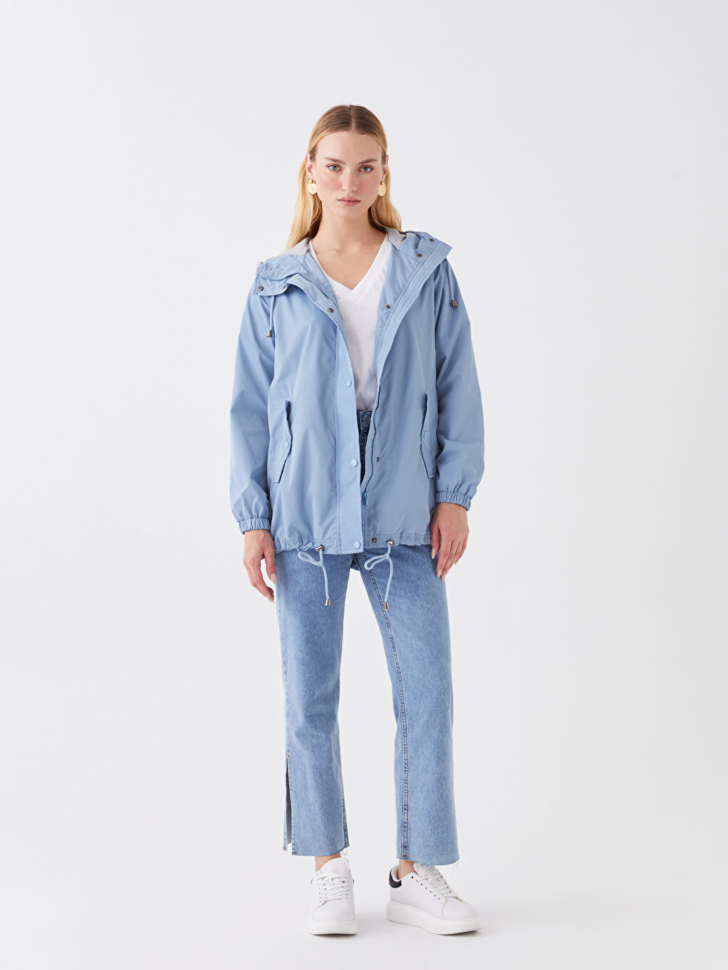 Mavi Kadın Kapüşonlu Düz Yağmurluk-2