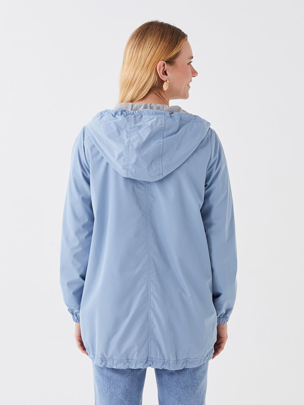 Mavi Kadın Kapüşonlu Düz Yağmurluk-5