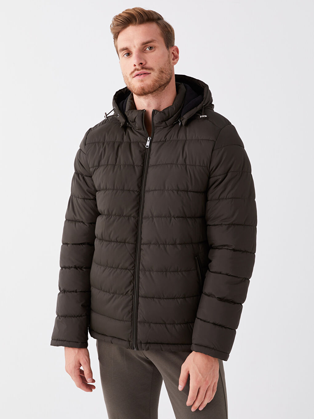 Haki Standart Kalıp Kapüşonlu Erkek Şişme Mont