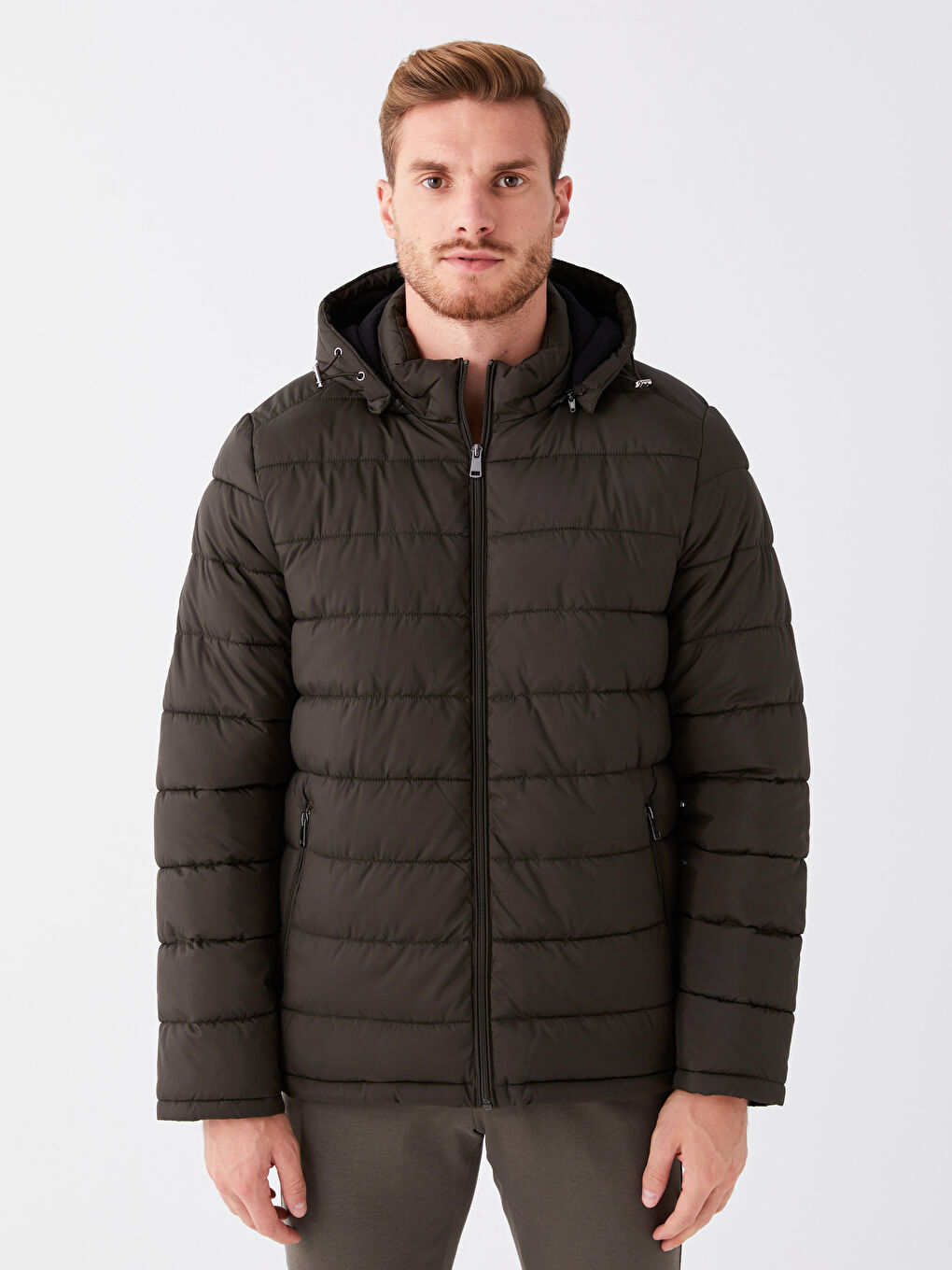 Haki Standart Kalıp Kapüşonlu Erkek Şişme Mont-1